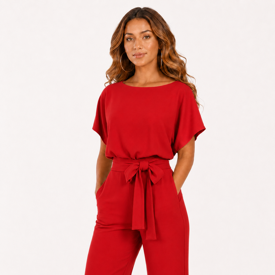 Combinaison à taille nouée rouge portée par le modèle