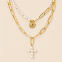 Layered gold-tone pearl cross necklace set product-only view