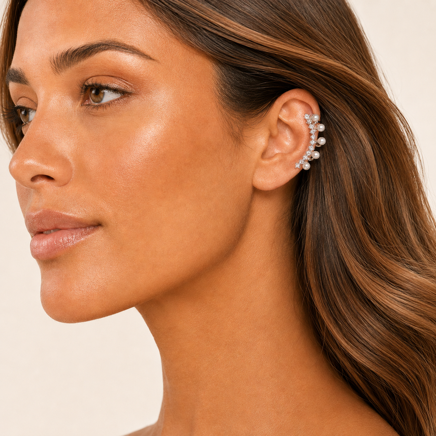 Ear cuff argenté perles et cristaux gauche