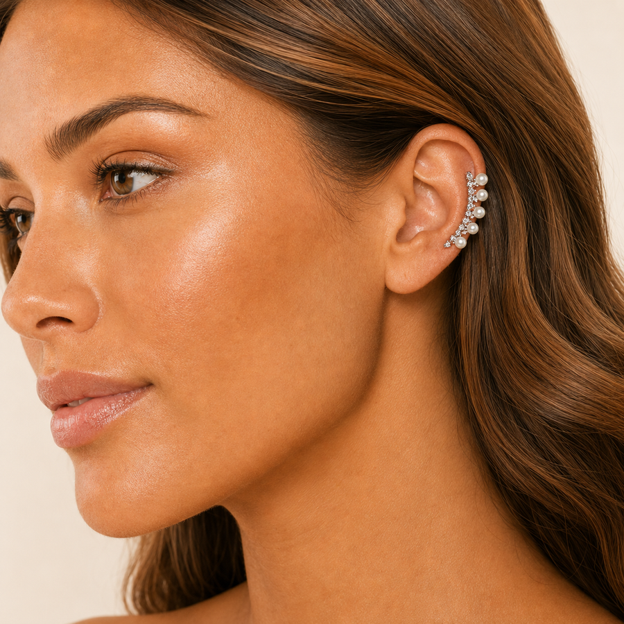 Ear cuff argenté perles et cristaux droite