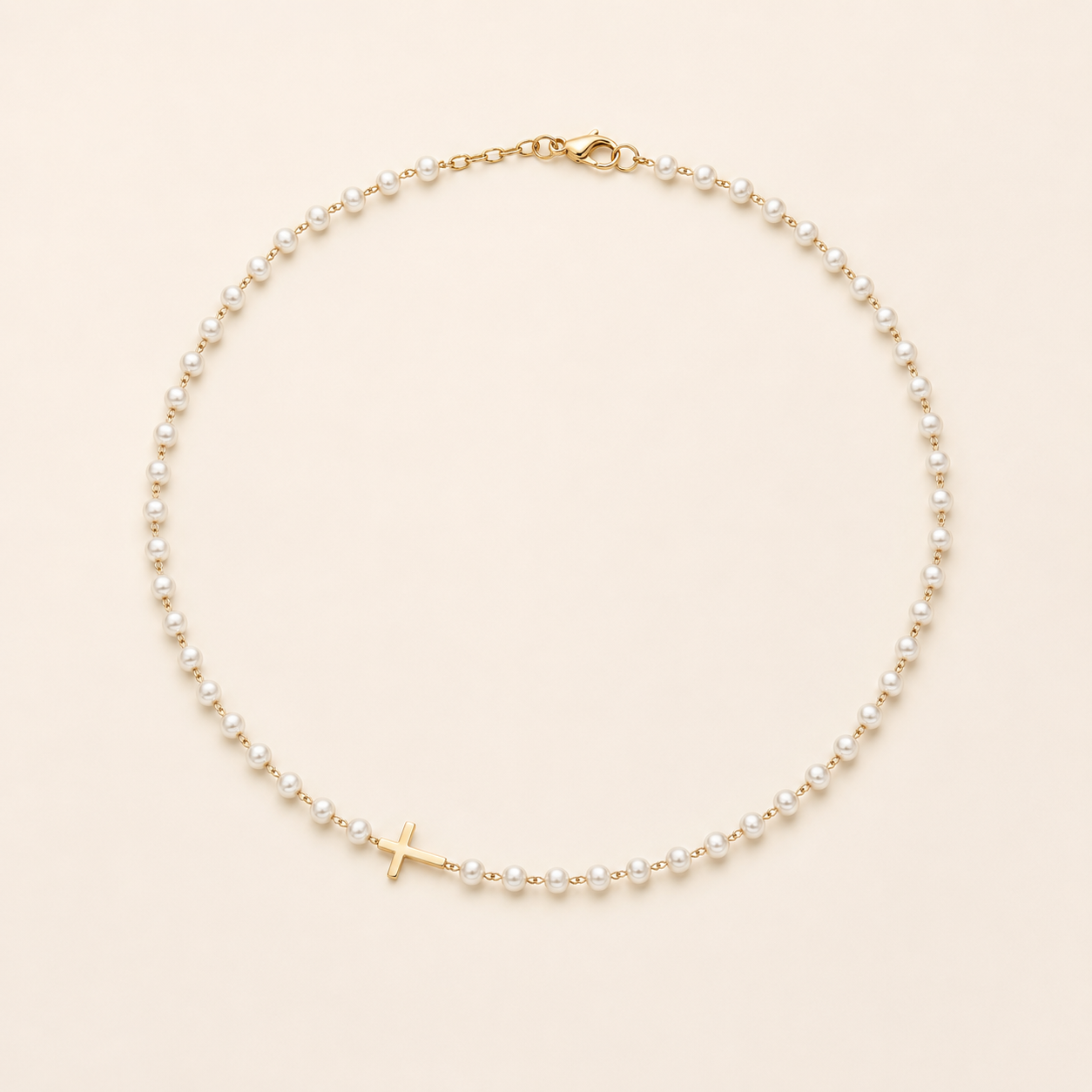 Pearl necklace with gold cross product-only view