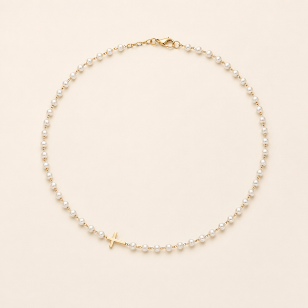Pearl necklace with gold cross product-only view