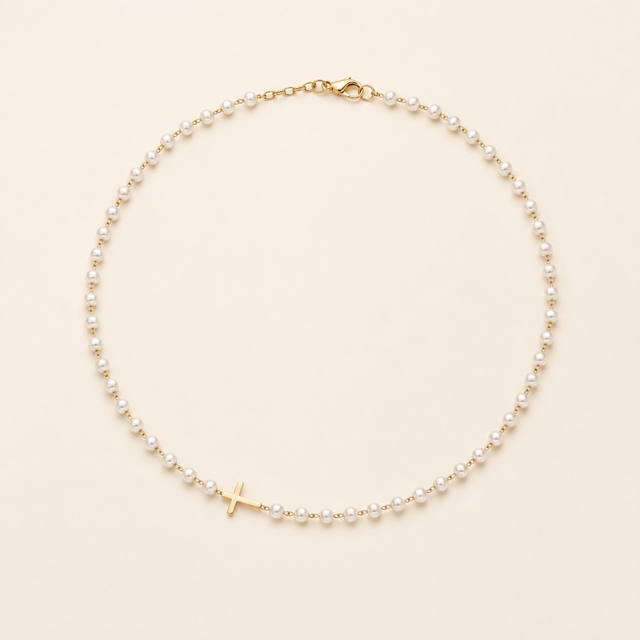 Pearl necklace with gold cross product-only view