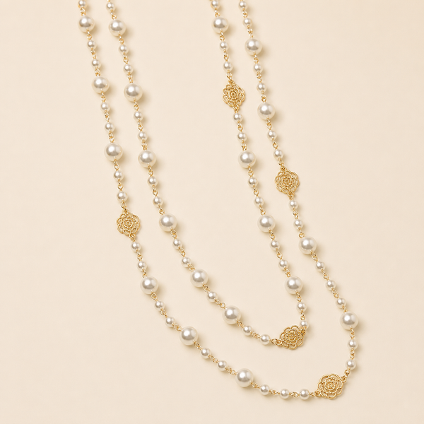Long pearl necklace with gold rose charms product-only view