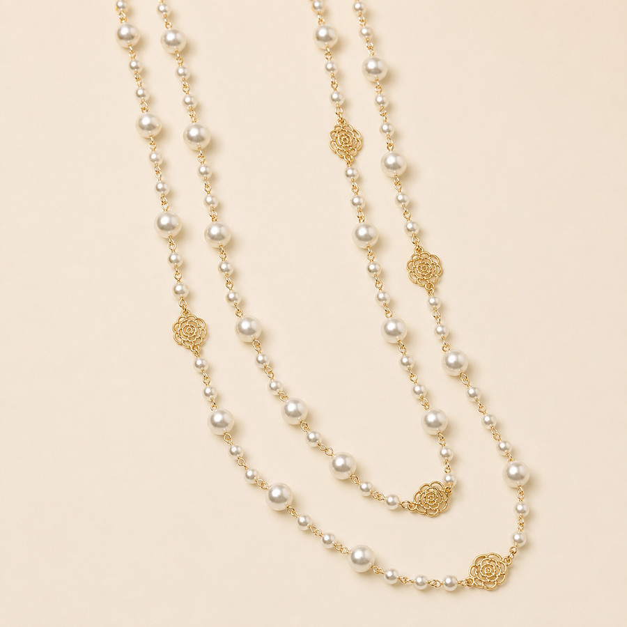 Long pearl necklace with gold rose charms product-only view