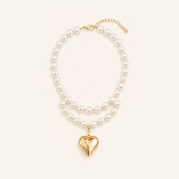 Collier Superposé Perles et Pendentif Cœur — vue produit complète