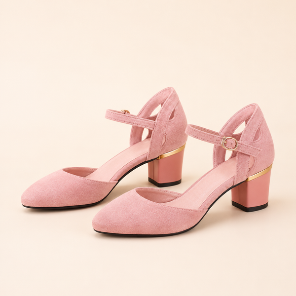 Dusty pink buckle block-heel pumps product-only view