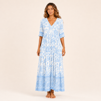 Robe Longue Florale à Col V – Bleu Ciel