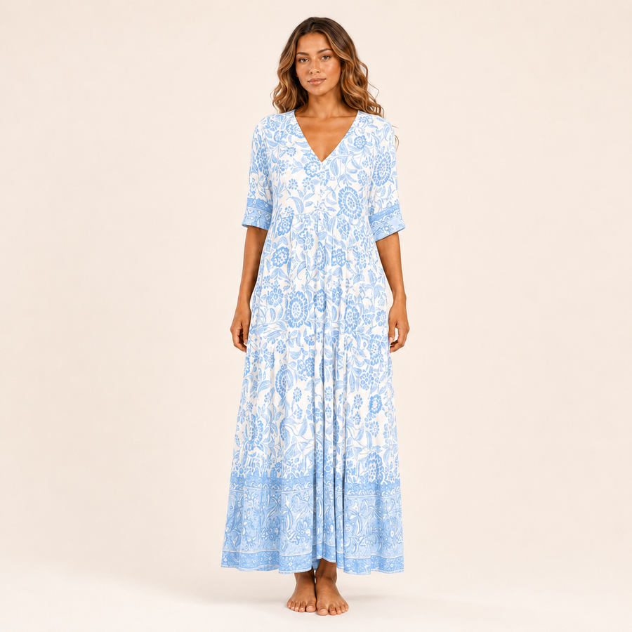 Robe Longue Florale à Col V – Bleu Ciel