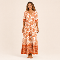Robe Longue Florale à Col V – Orange