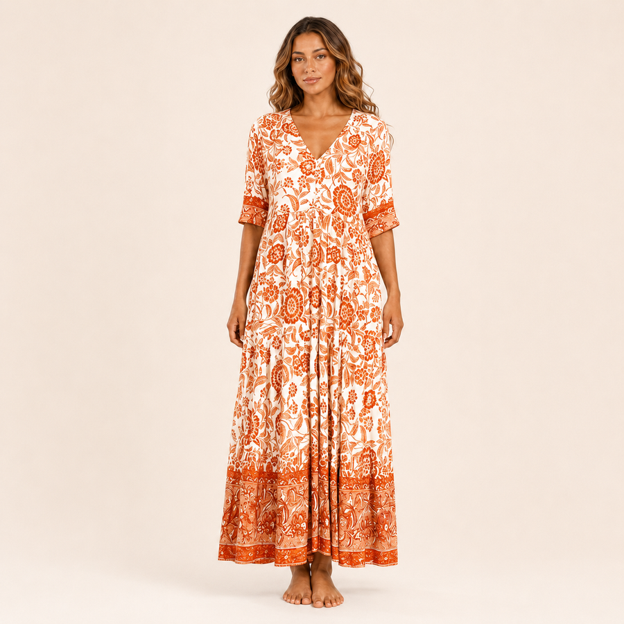 Robe Longue Florale à Col V – Orange