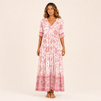 Robe Longue Florale à Col V – Rose