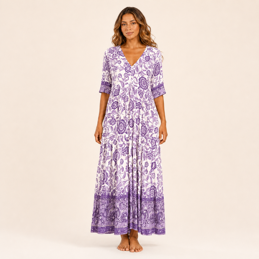 Robe Longue Florale à Col V – Violet