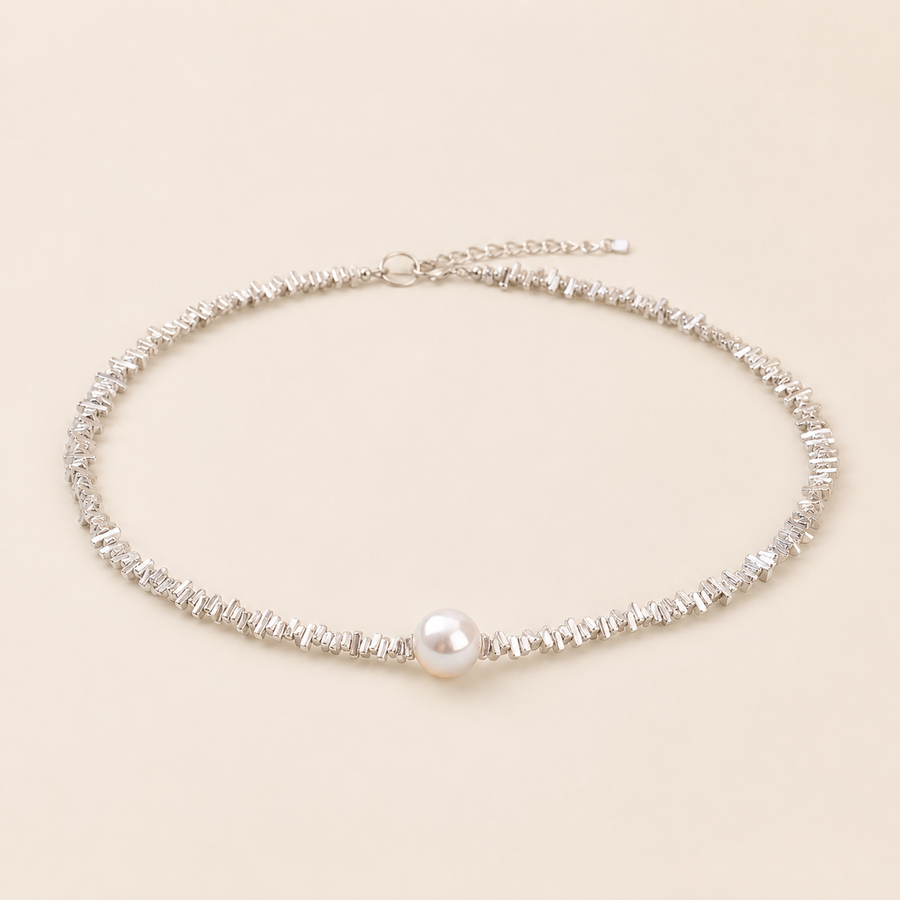 Silver-tone pearl choker product-only view