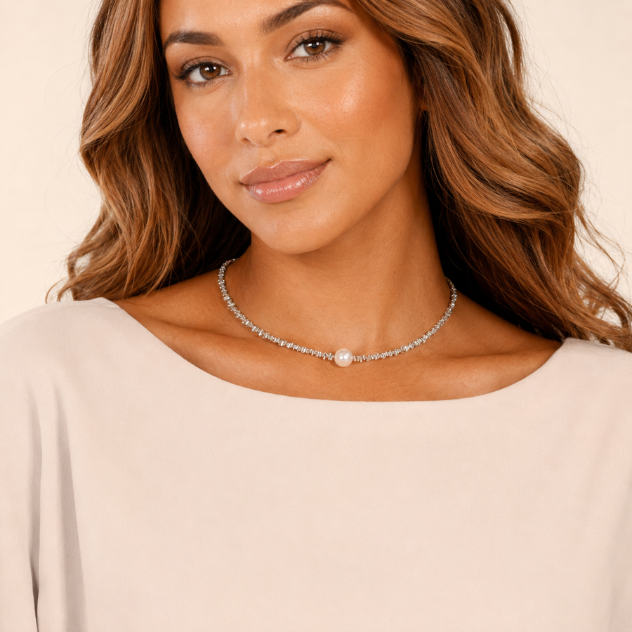 Model wearing silver-tone pearl choker