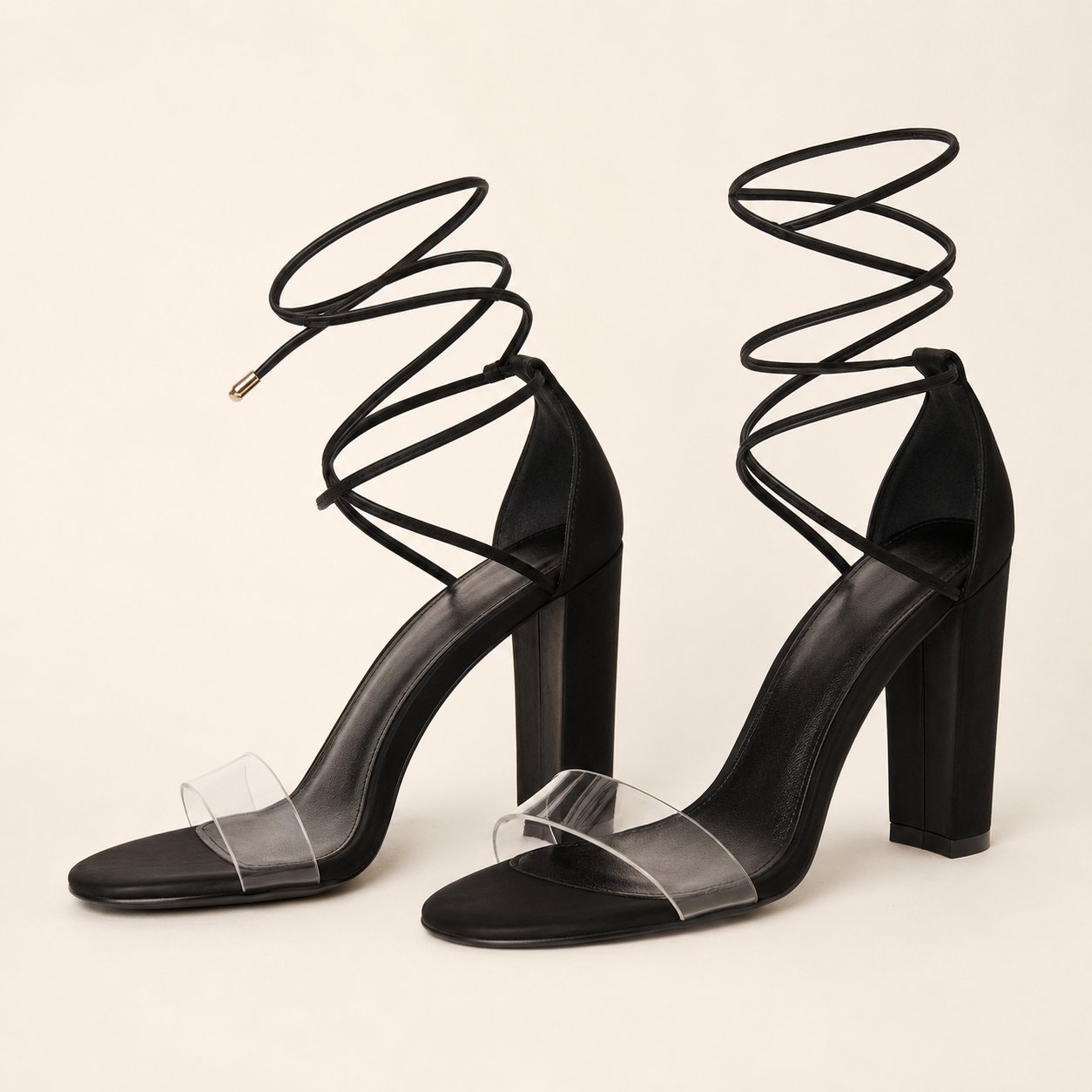 Black clear-strap wraparound high-heel sandals product-only view